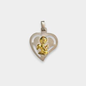 Dije Angelito en Corazon Mediano Plata 925 y Oro